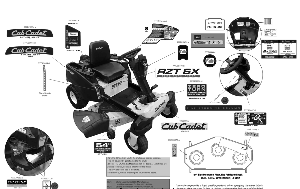 Label Map Diagram and Parts List for RZT-SX54KW (17RICBYA010)(2018) Cub Cadet Lawn Tractor